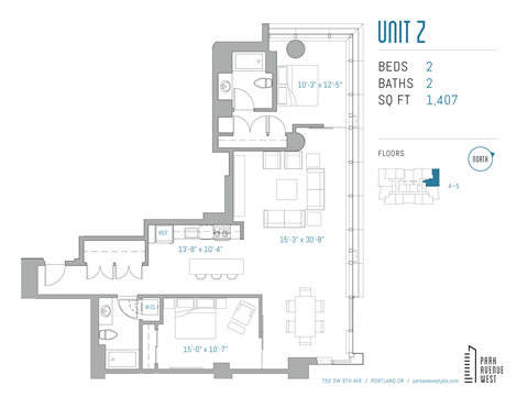 Floor plan for 2 beds, 2 baths, 1407 sqft